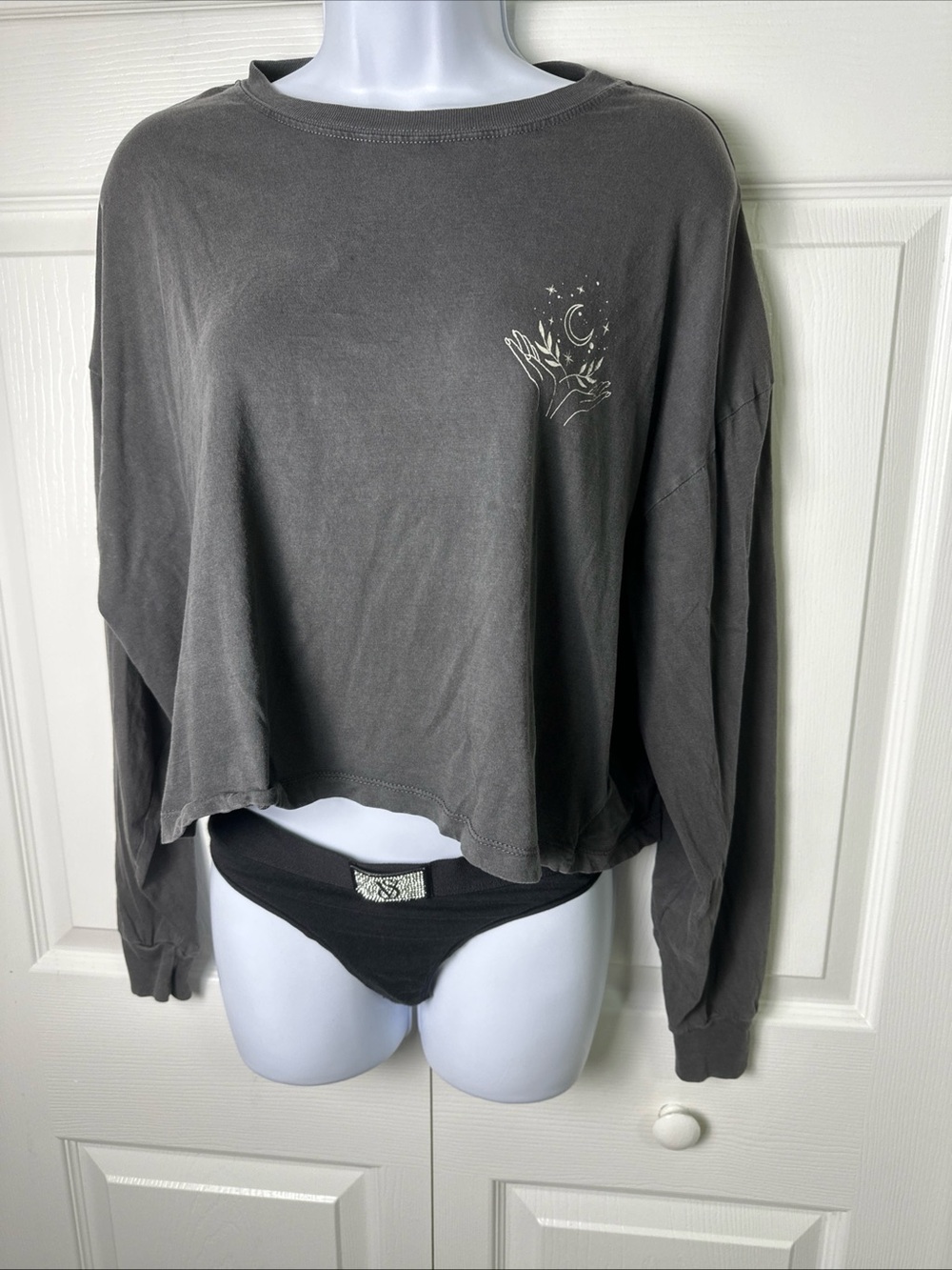 Urban Nation Washed Long-Sleeve Cropped Tee with Celestial Print
